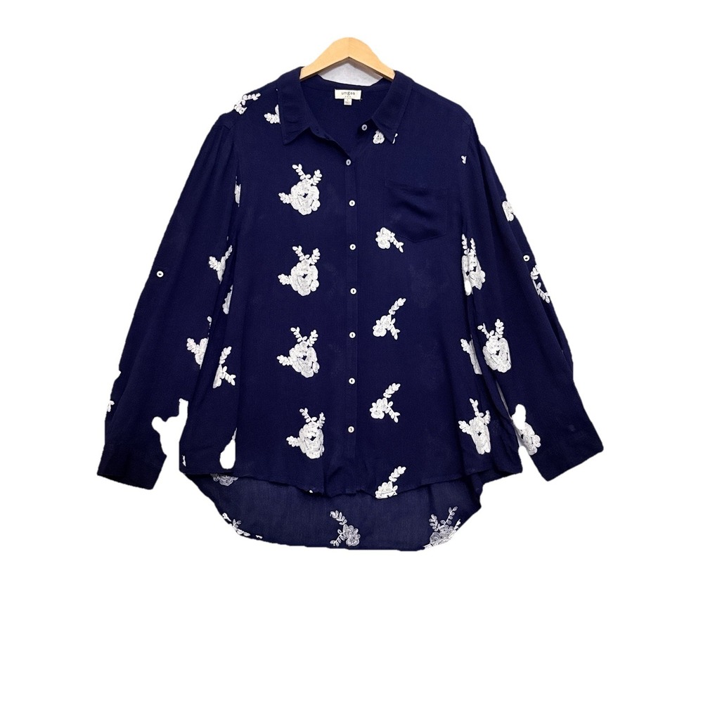 Umgee Womens‎ Button Gauzy Embroidered Top Size Large Navy Bohemian Artsy